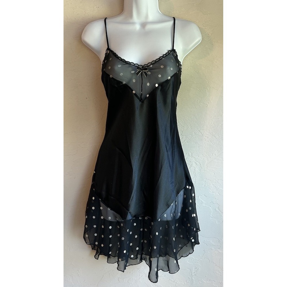 Vintage Me Lin Lingerie Mini Slip Dress L Sheer Polka Dot Dainty Coquette Ruffle